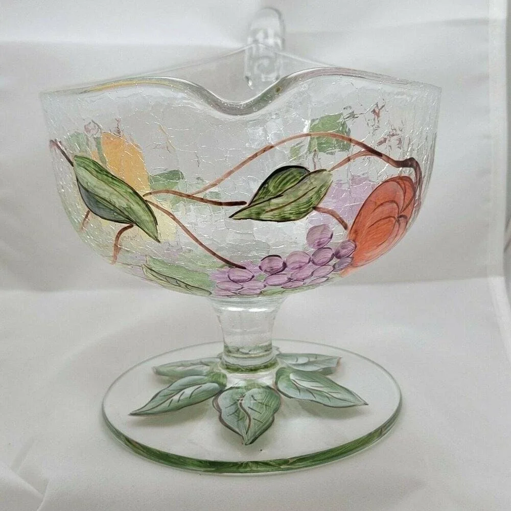 American Atelier Crackle Glass Fruit Gravy Boat Pitcher Romania‎ Hand Paint Leaf